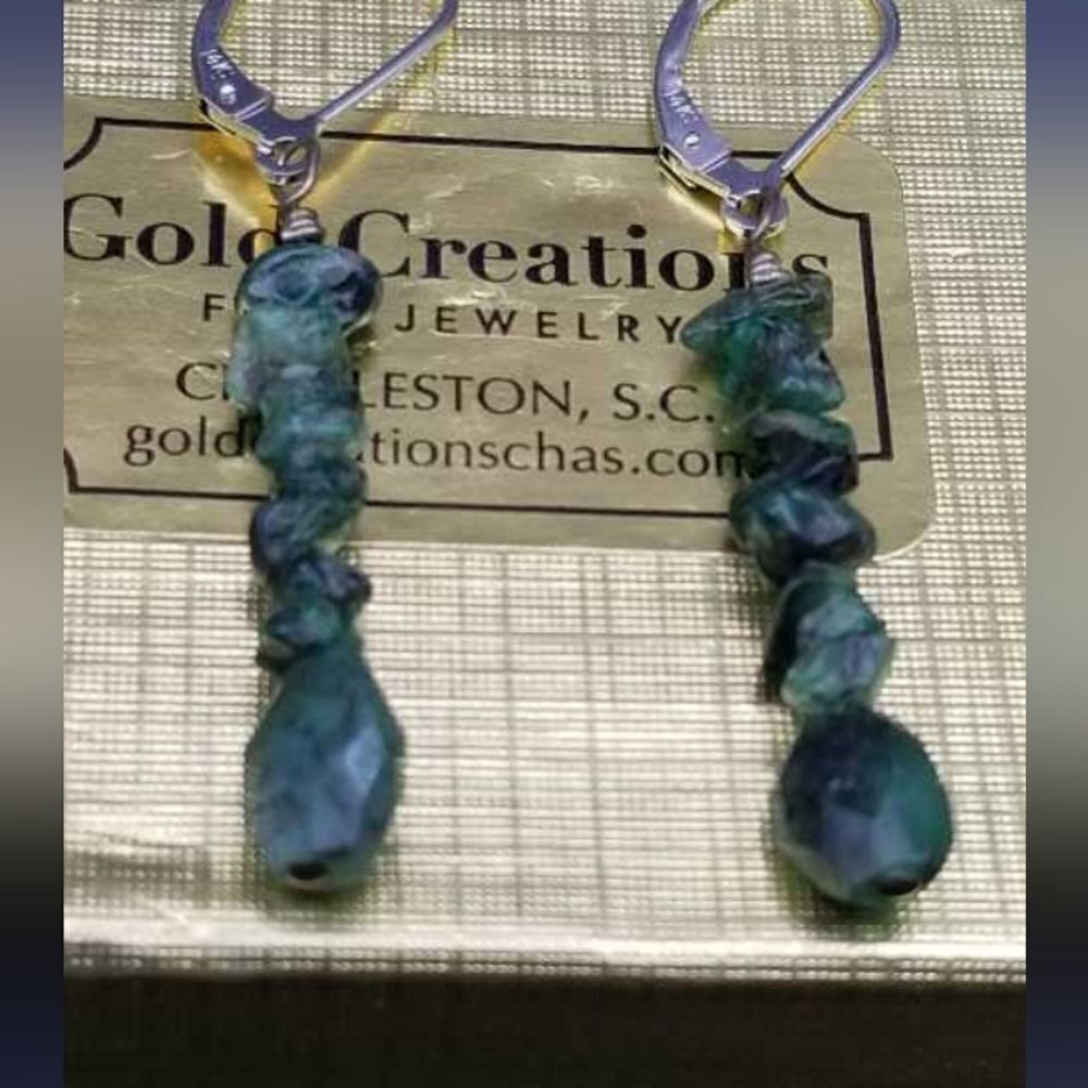 Native raw emerald stone drop earrings 14k gold E0179